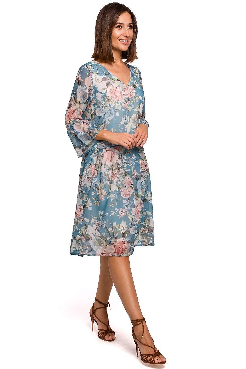 Floral daydress on blue base with pastel flowers, 3/4 sleeves