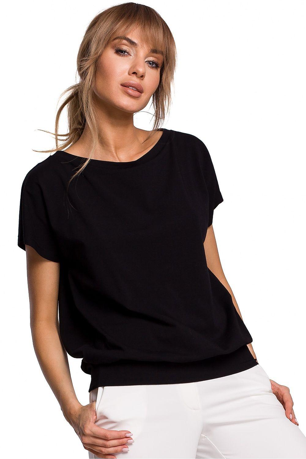 Black blouse with short sleeves and round neckline, draped front