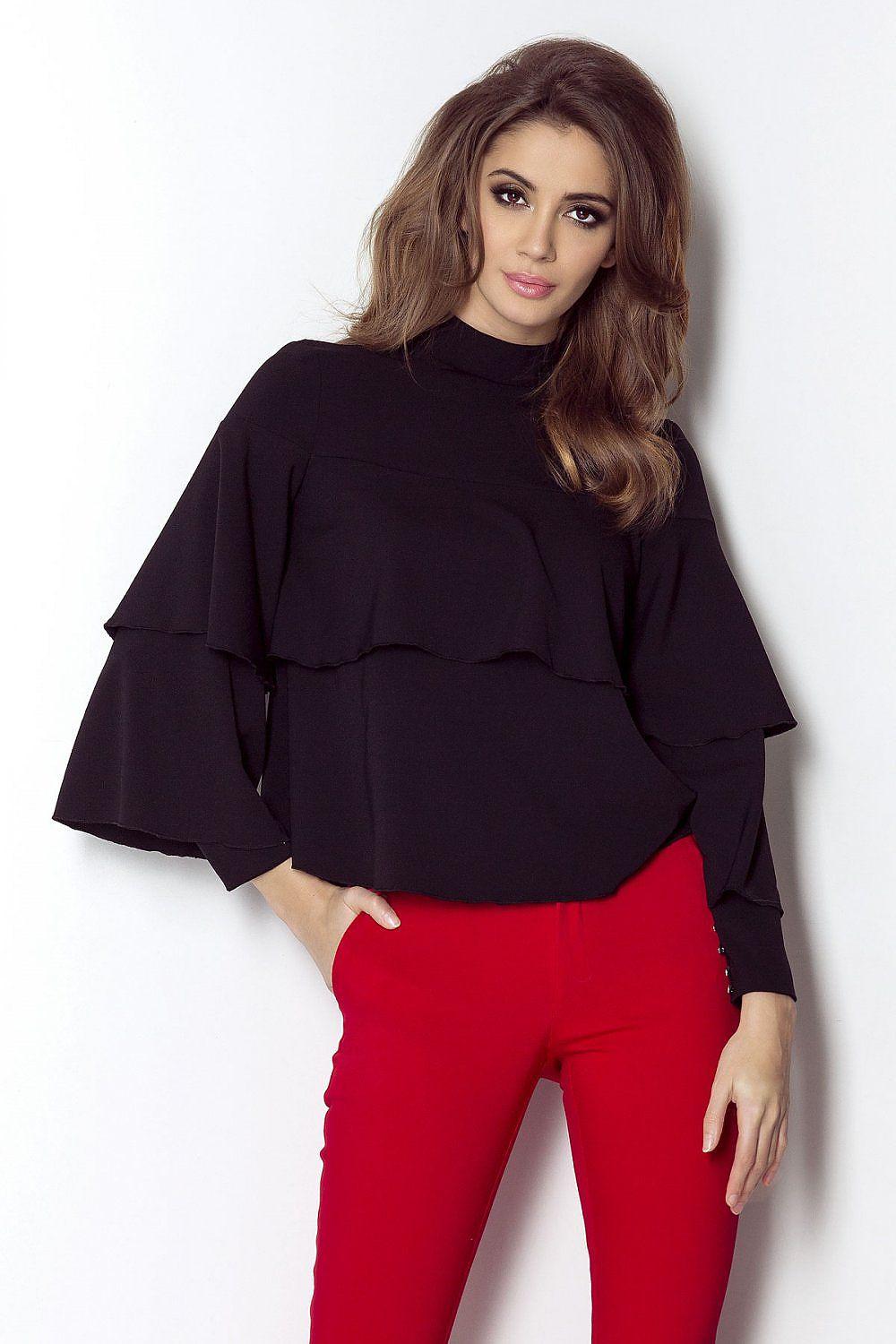 Black ruffled blouse with flared sleeves and partial mock neck