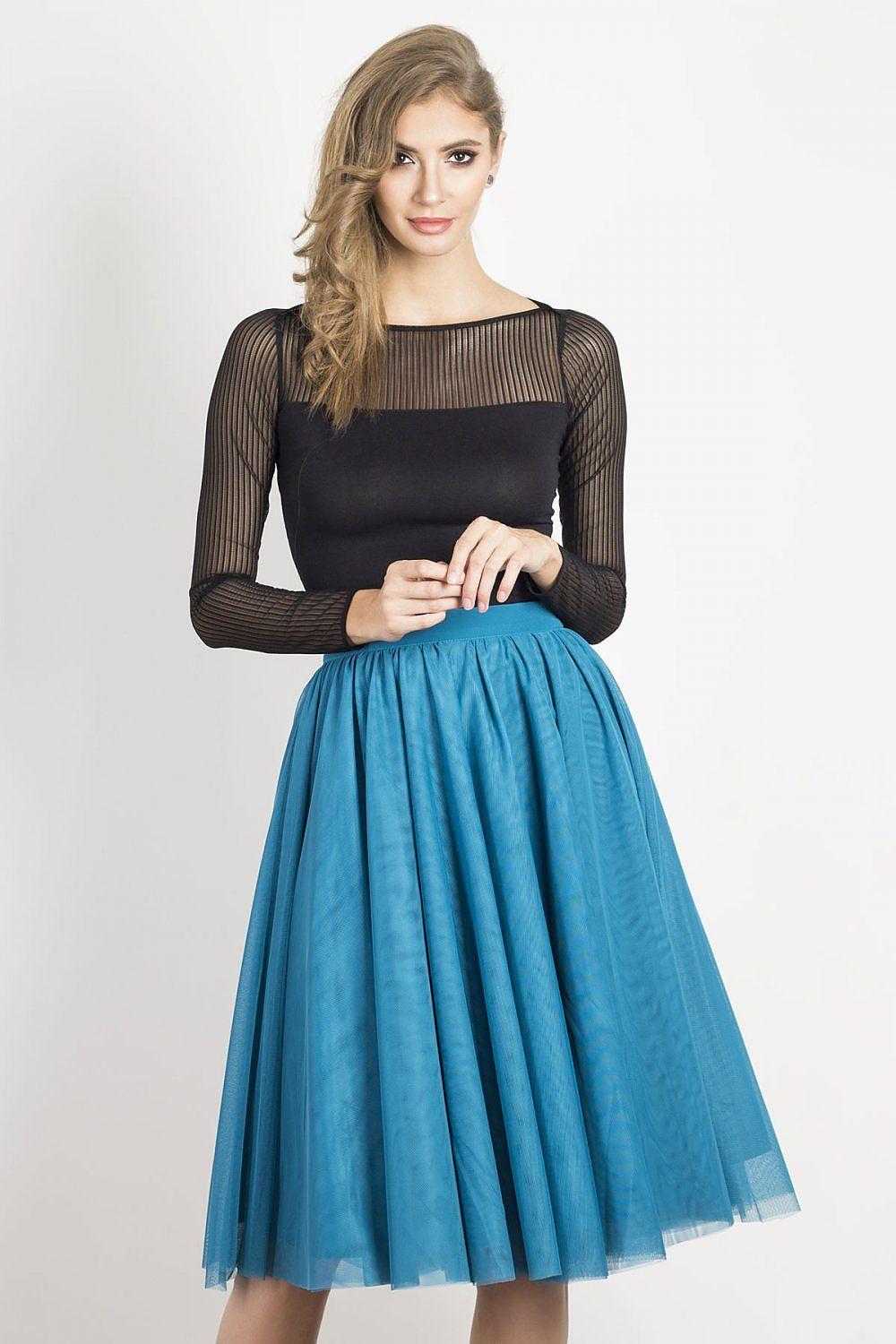 Blue tulle midi skirt with gathered pleats and layered volume