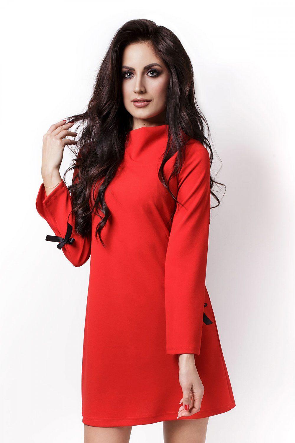 IVON red evening dress with long sleeves and bow ties at cuffs, shift style