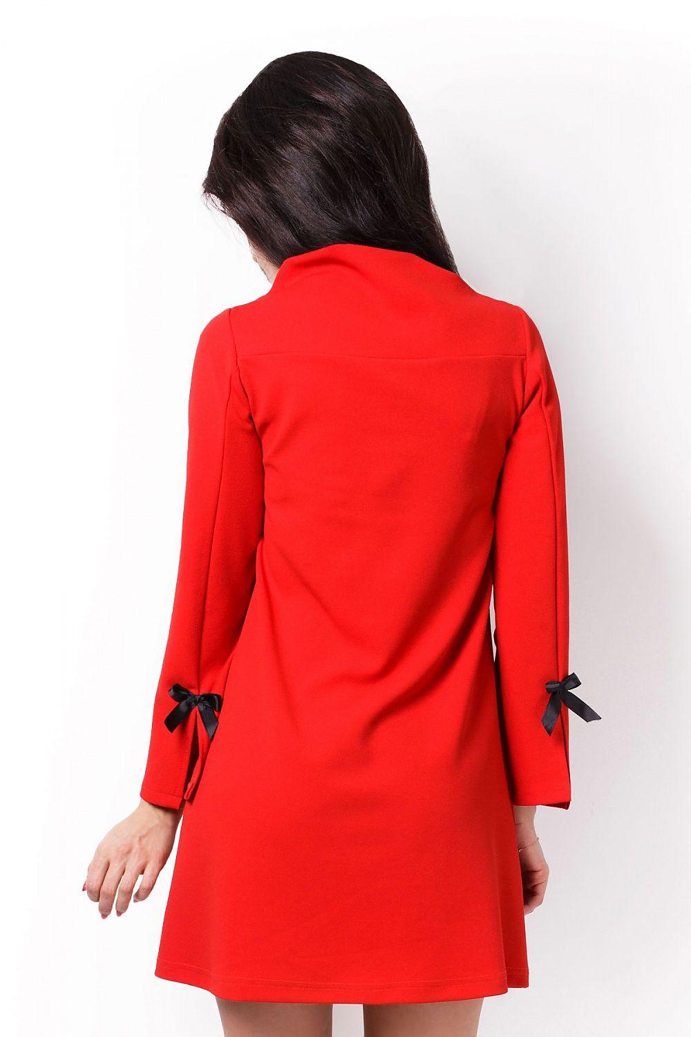 Red back-view evening dress with long sleeves and bow ties on cuffs