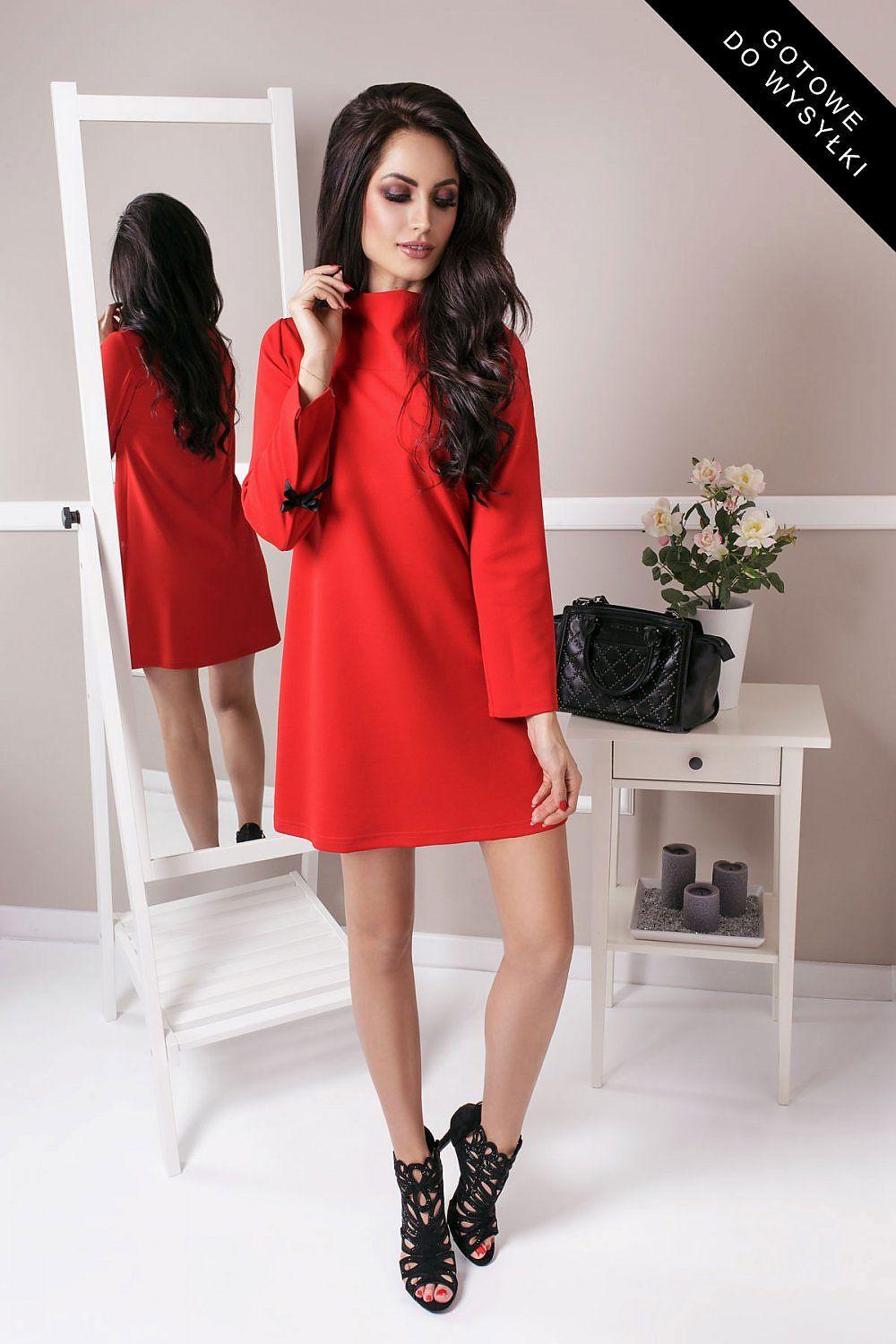 Red long-sleeve shift dress with bow-cuffed sleeves and round neckline