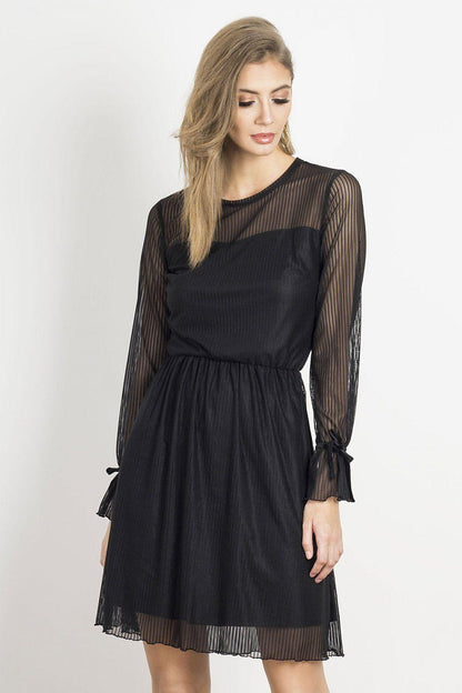 IVON evening dress in black with sheer striped long sleeves and pleated skirt
