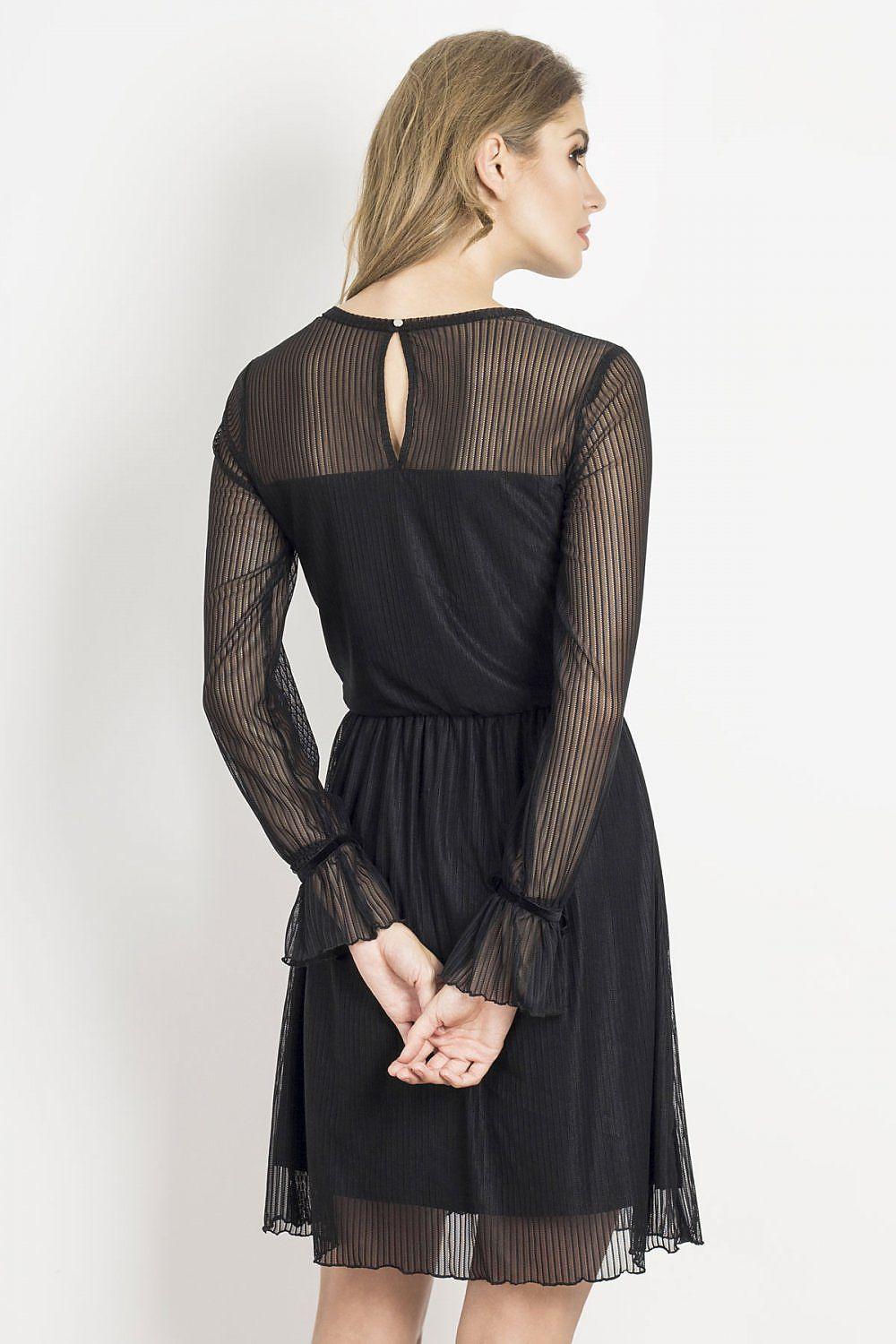 Black evening dress with sheer striped back panels and pleated mini skirt