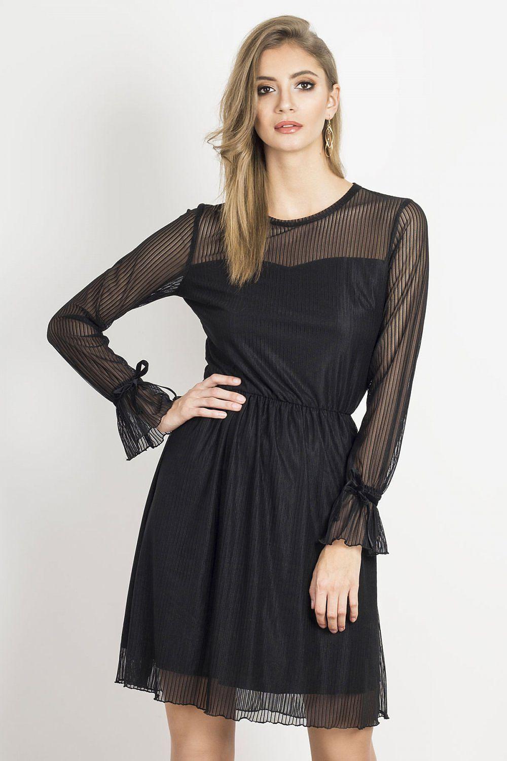 Black IVON evening dress with sheer long sleeves, gathered waist, and flared skirt