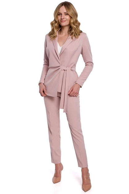 Makover pink waist-tie jacket with V-neck, long sleeves and slim trousers