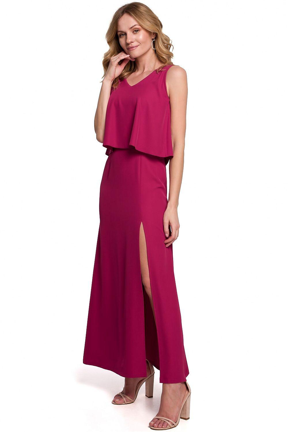 Violet sleeveless cocktail dress with layered draped top and front slit