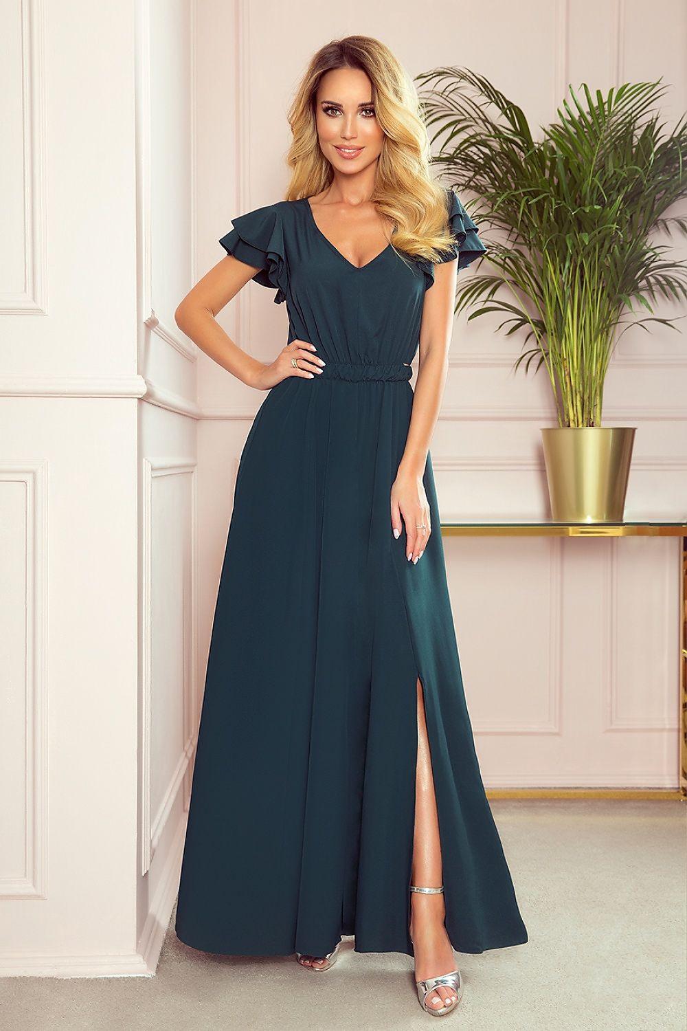 Dark teal V-neck cocktail dress with ruffled cap sleeves and side slit