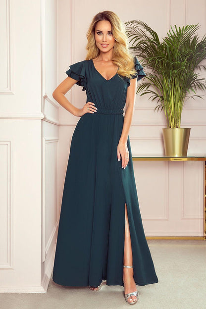 Dark teal V-neck cocktail dress with ruffled cap sleeves and side slit