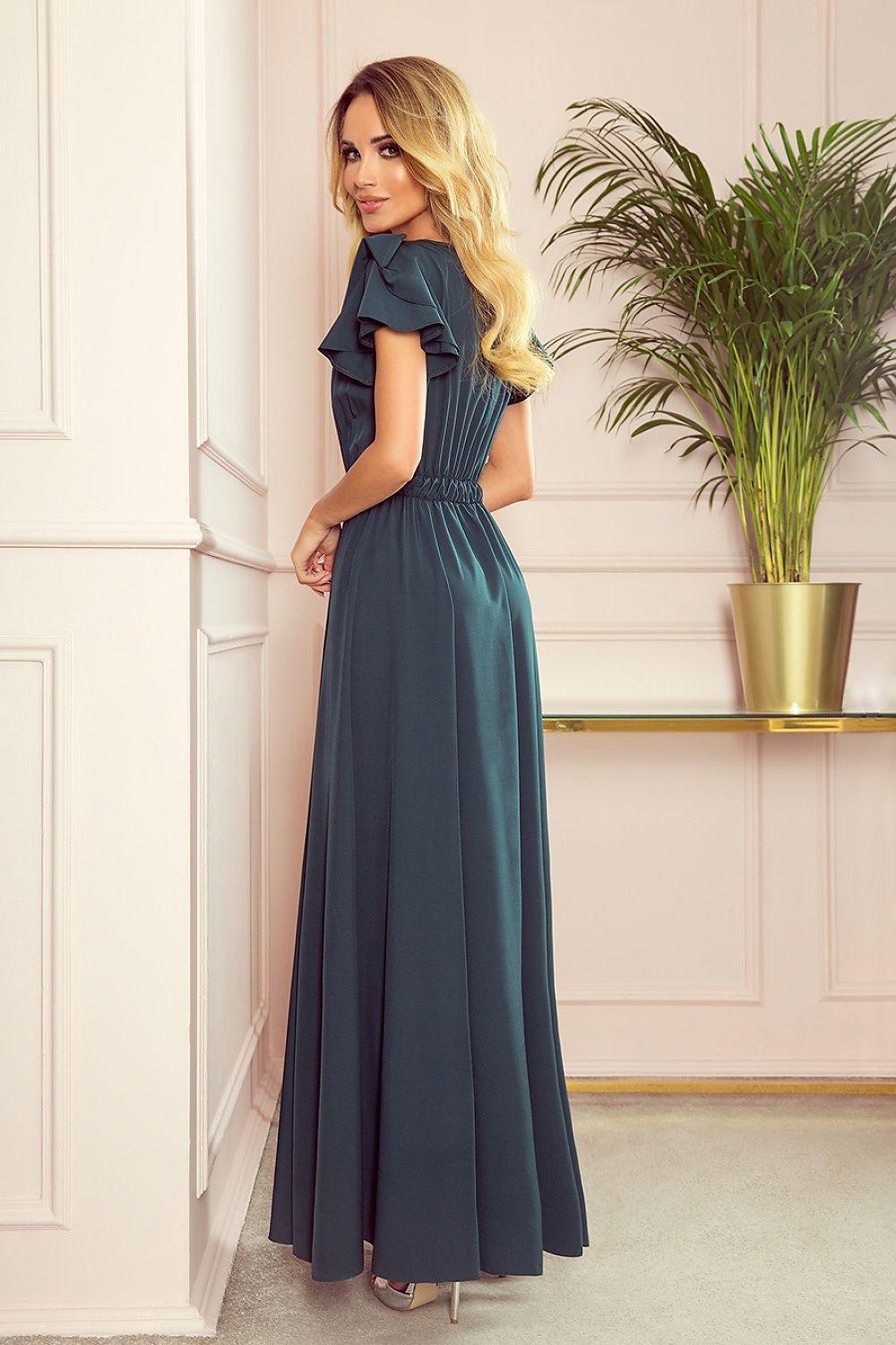 Navy blue V-neck cocktail dress with ruffled sleeves and long flowing skirt
