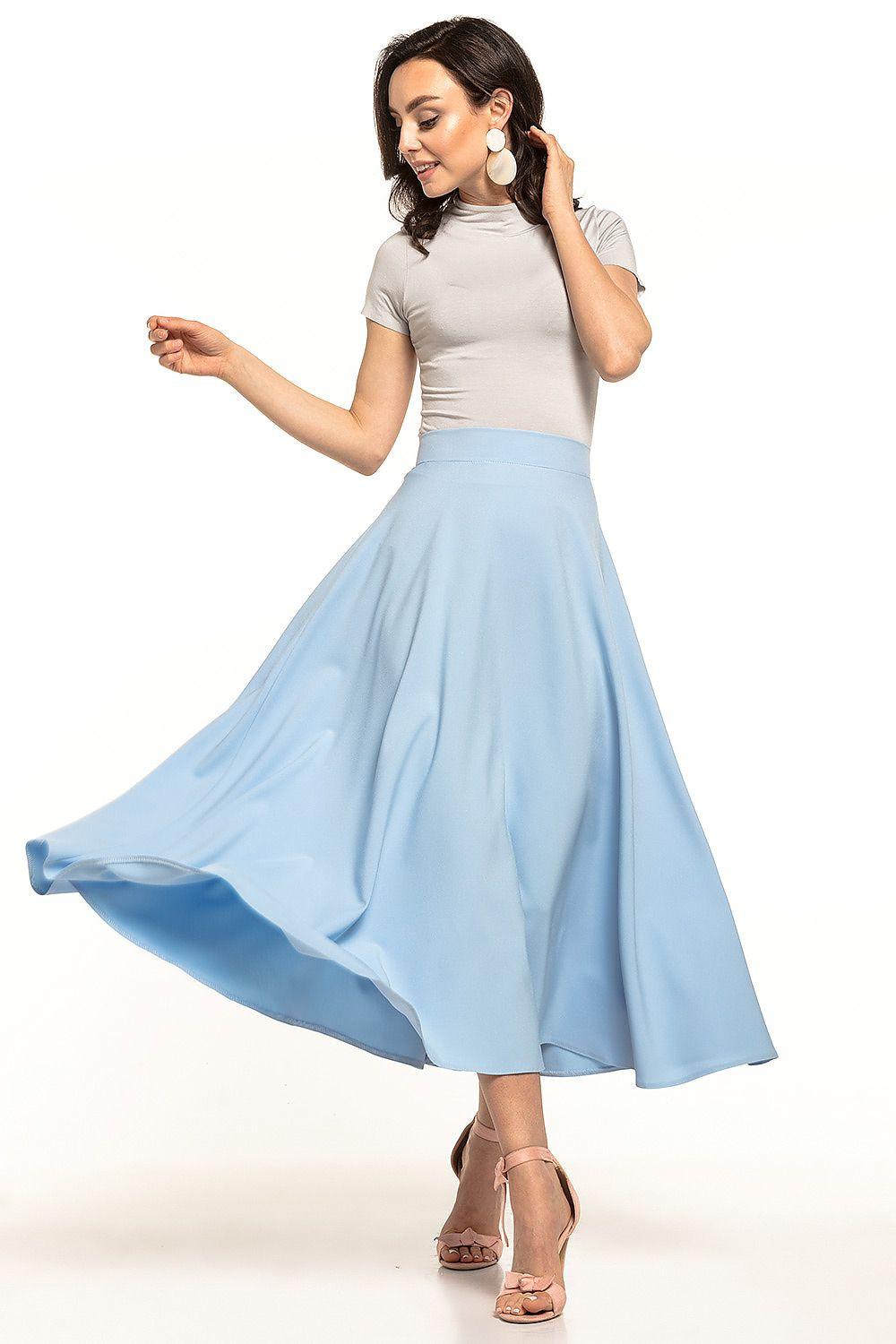 Light blue midi A-line skirt with gathered waist and flowing flare hem