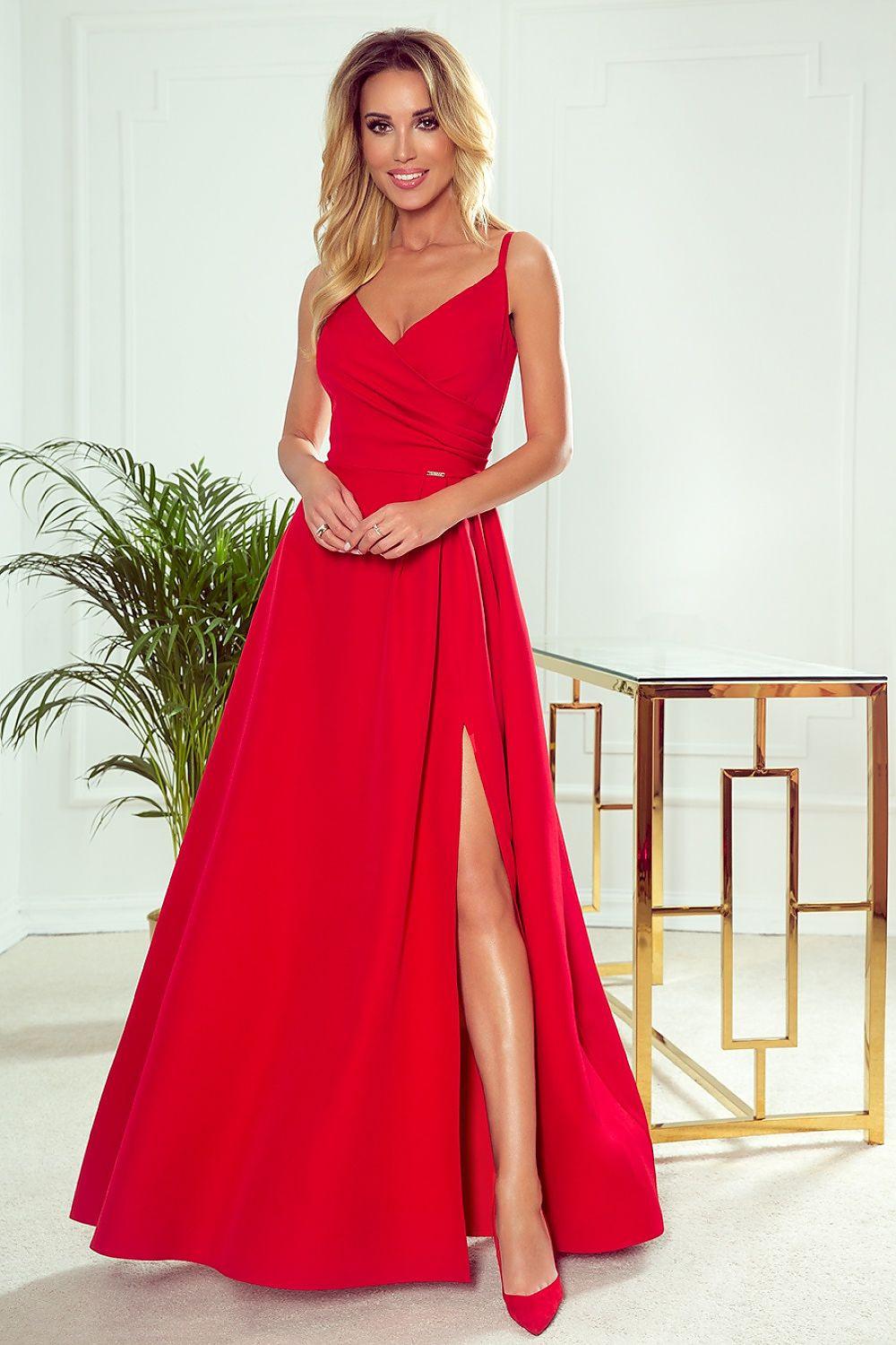 Evening dress in red, sleeveless V-neck, fitted waist, maxi skirt with side slit