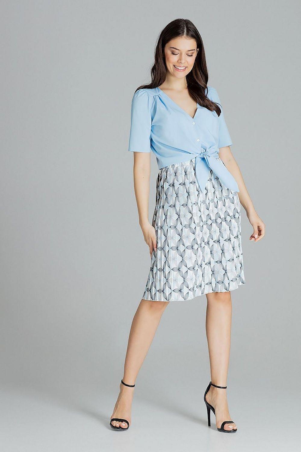 Knee-length blue patterned skirt with abstract repeat print
