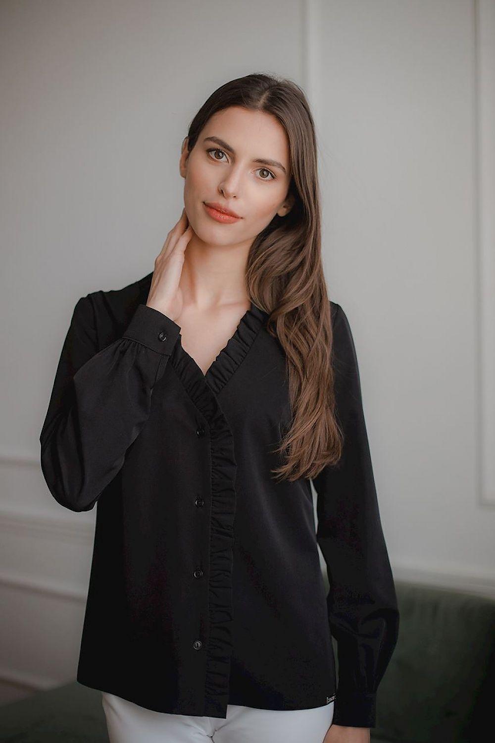 Lenitif long sleeve black button-front shirt with V-neck and ruffled placket