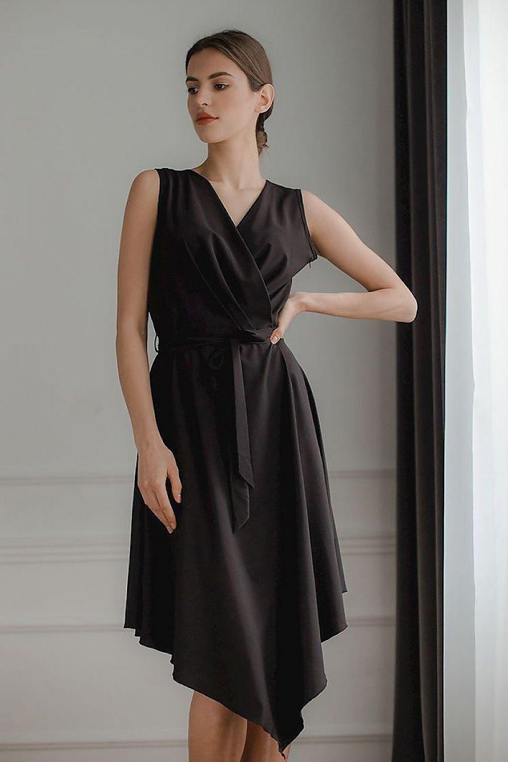 Lenitif cocktail dress in black with V-neck, draped waist, and asymmetric hem