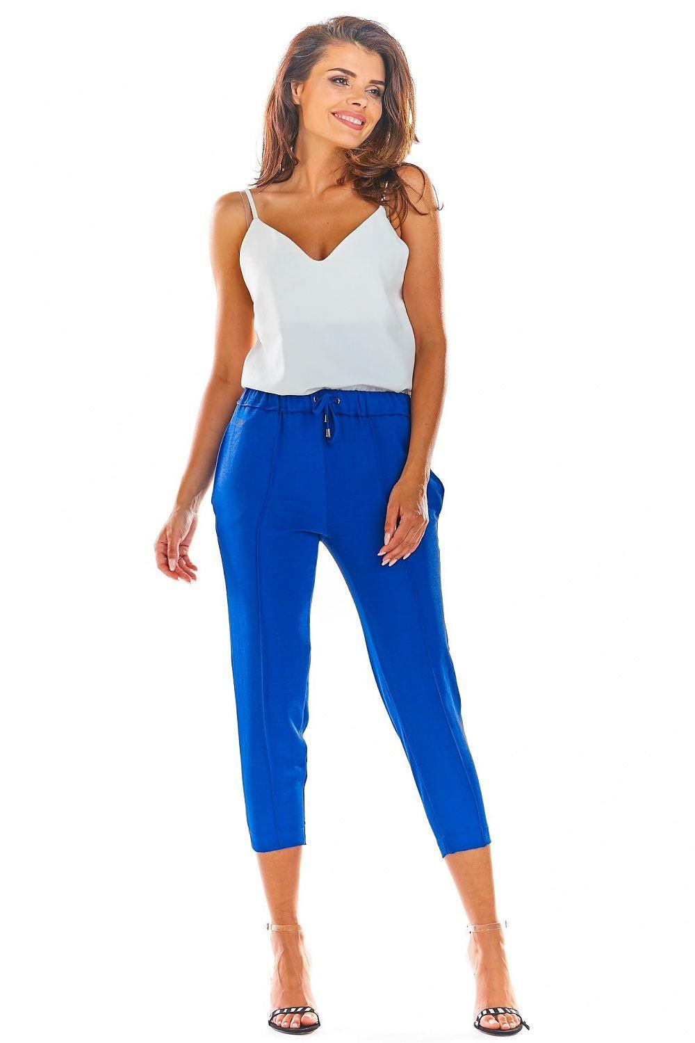 Blue cropped trousers with drawstring waist and elastic cuffed hem