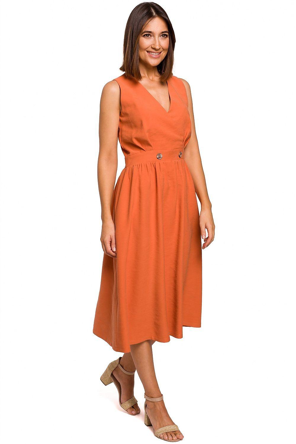 Orange sleeveless V-neck day dress with buttoned waist and midi length