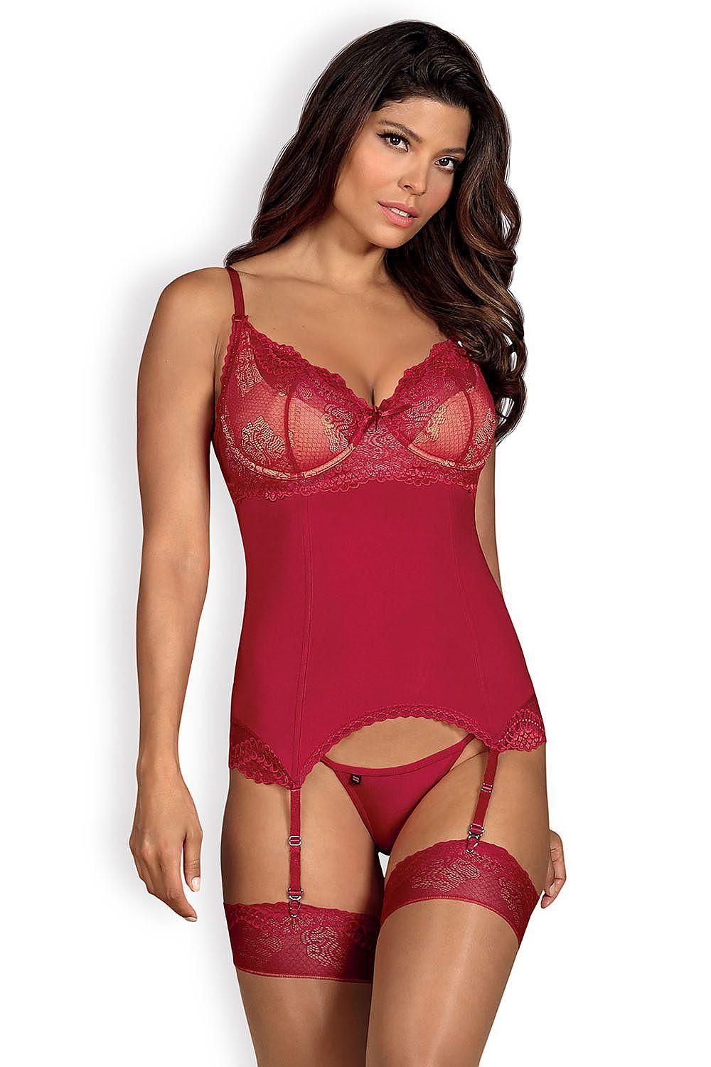 Red lace lingerie set with corset top, garters, and matching panties