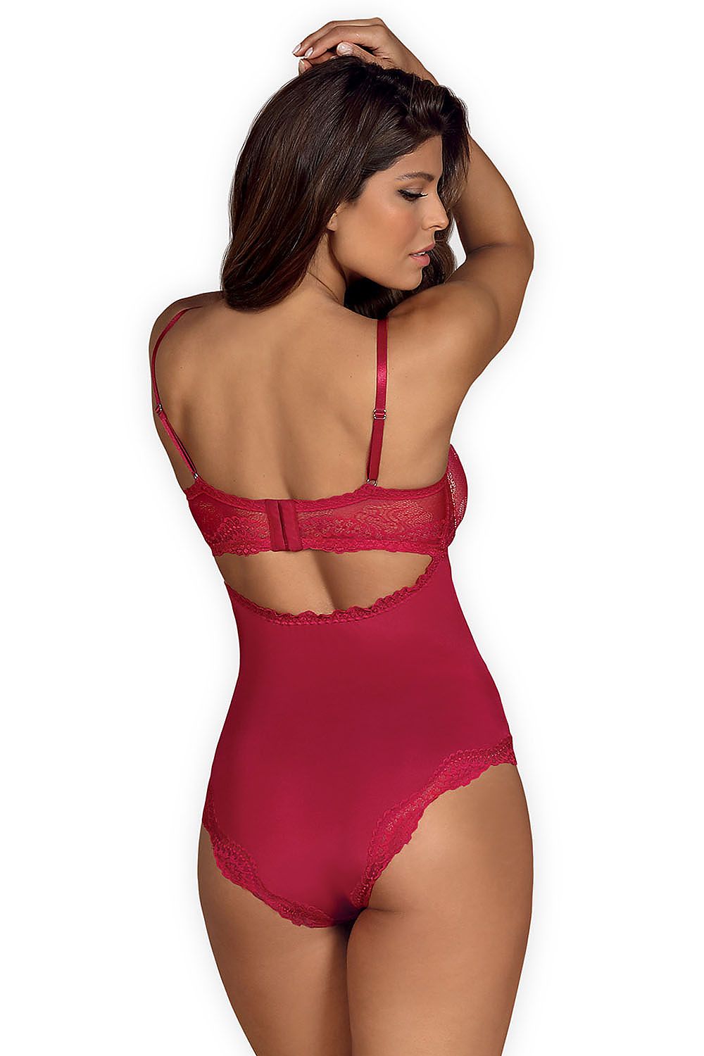 Red lace-trim shapewear bodysuit back view with thin straps and lace trim