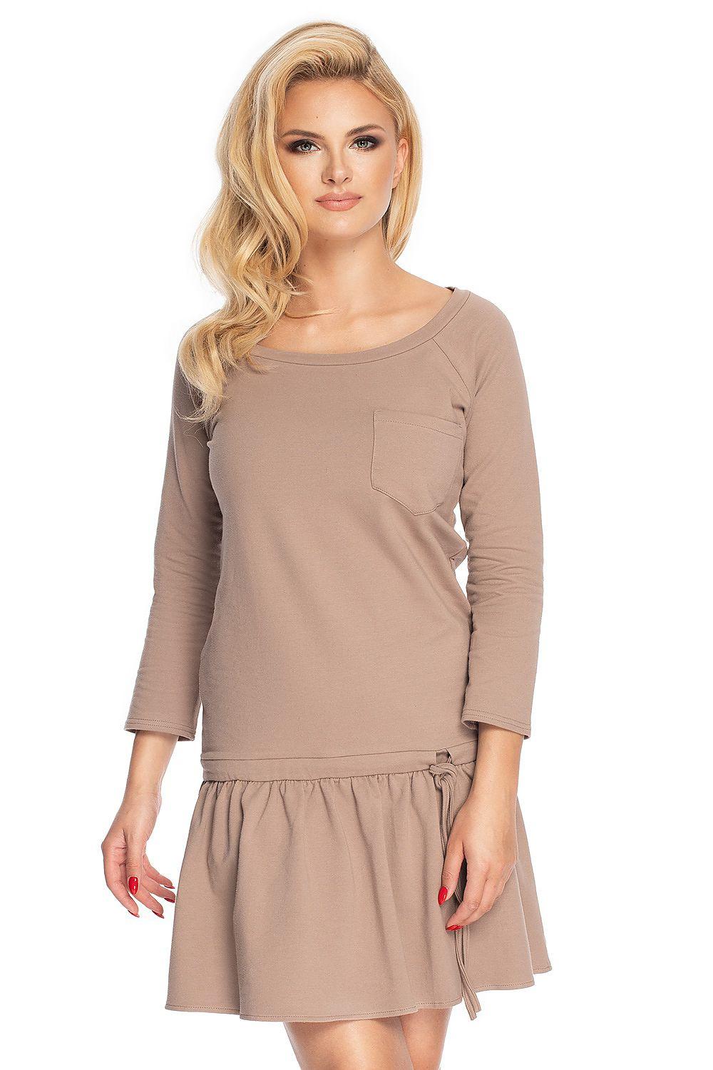 Beige daydress with 3/4 sleeves, round neck, pocket, gathered skirt