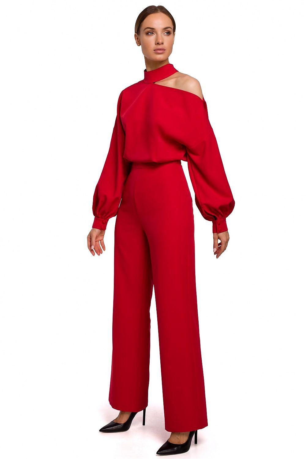 Red off-shoulder blouse and wide-leg trousers set, front view