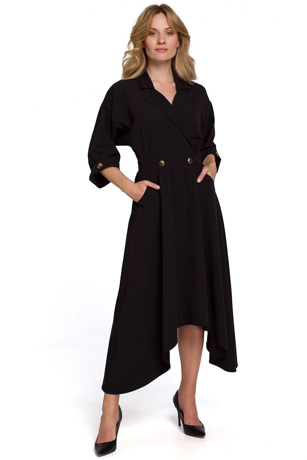 Black wrap daydress, V-neck, gold buttons, 3/4 sleeves, asymmetrical hem