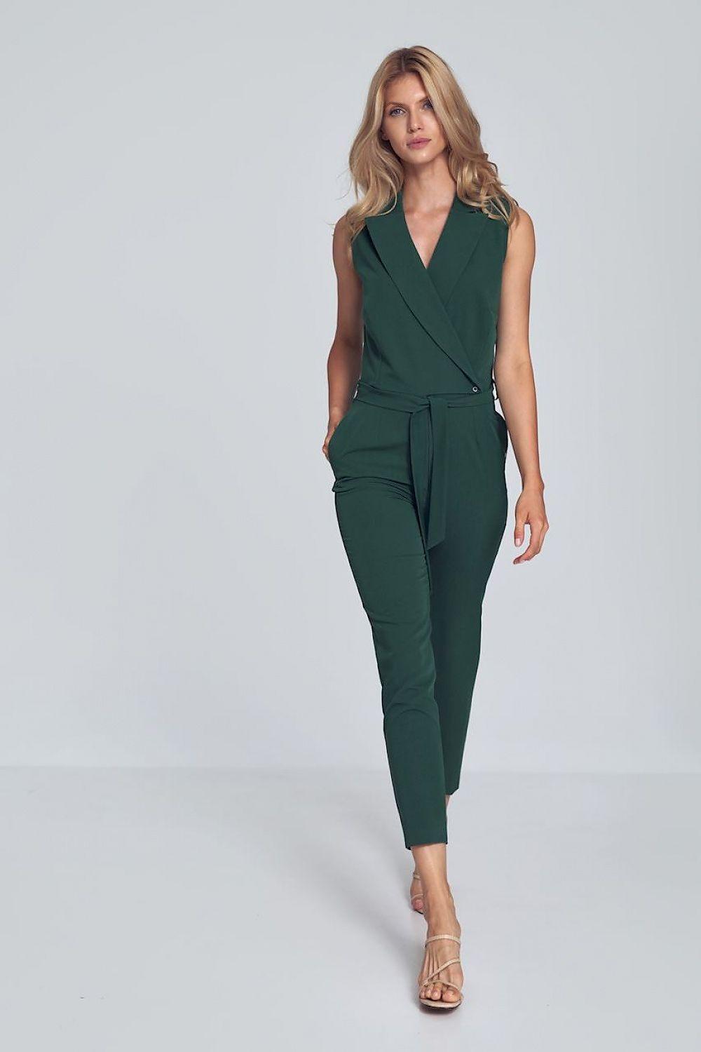 Figl suit model 147905 green sleeveless wrap V-neck jumpsuit with tie belt