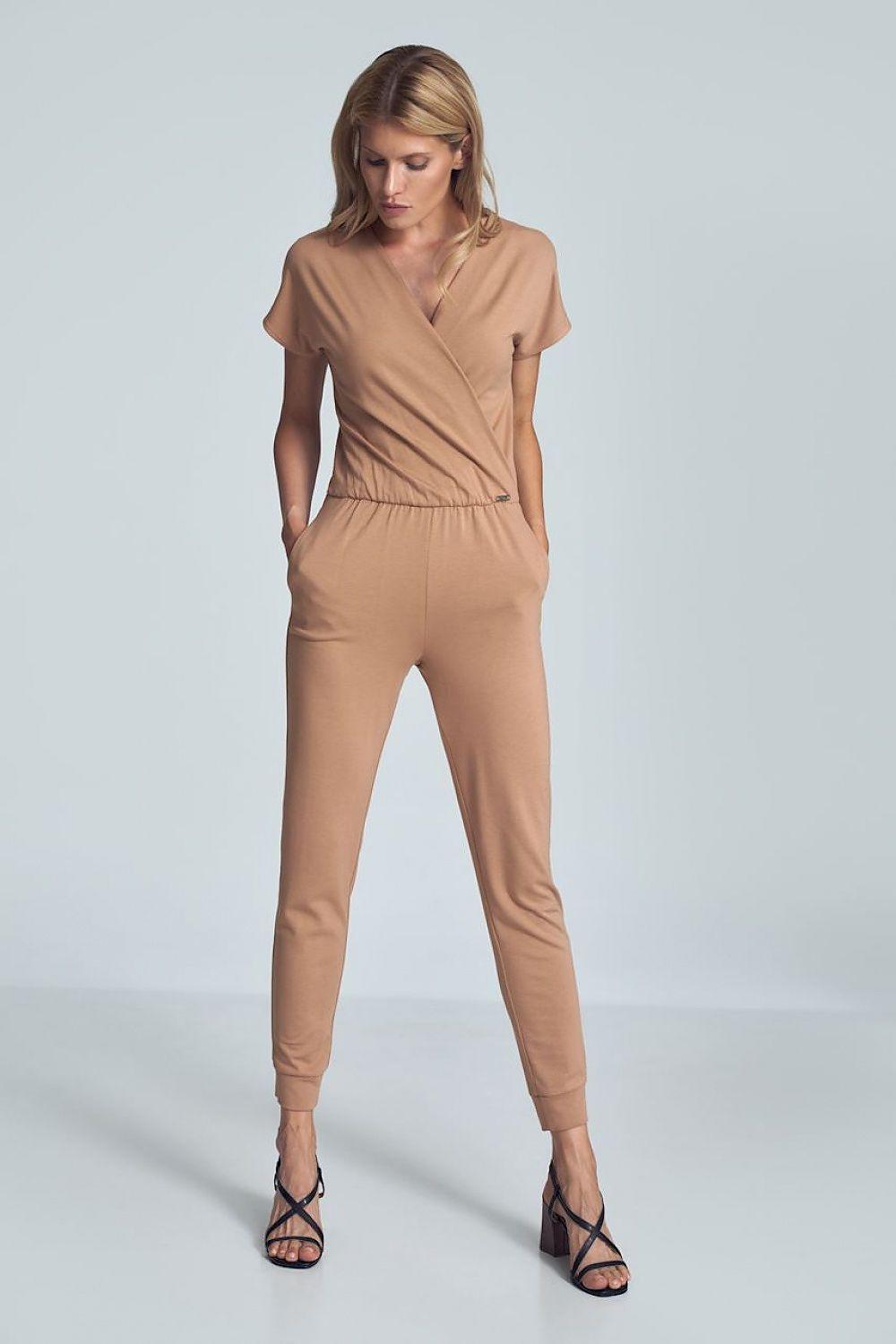 Beige V-neck wrap jumpsuit with short sleeves and tapered legs