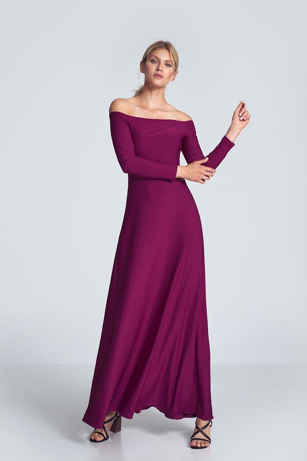 Off-shoulder maxi dress, deep violet, fitted long sleeves and draped skirt