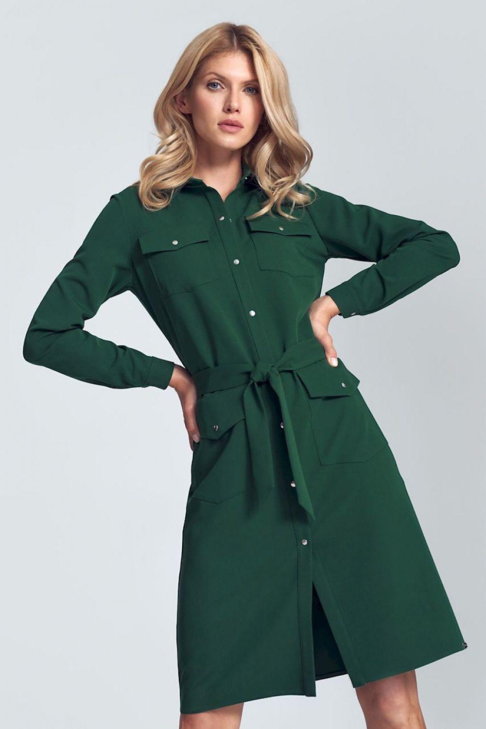 Figl green day dress with button front and tie belt, long sleeves and pockets