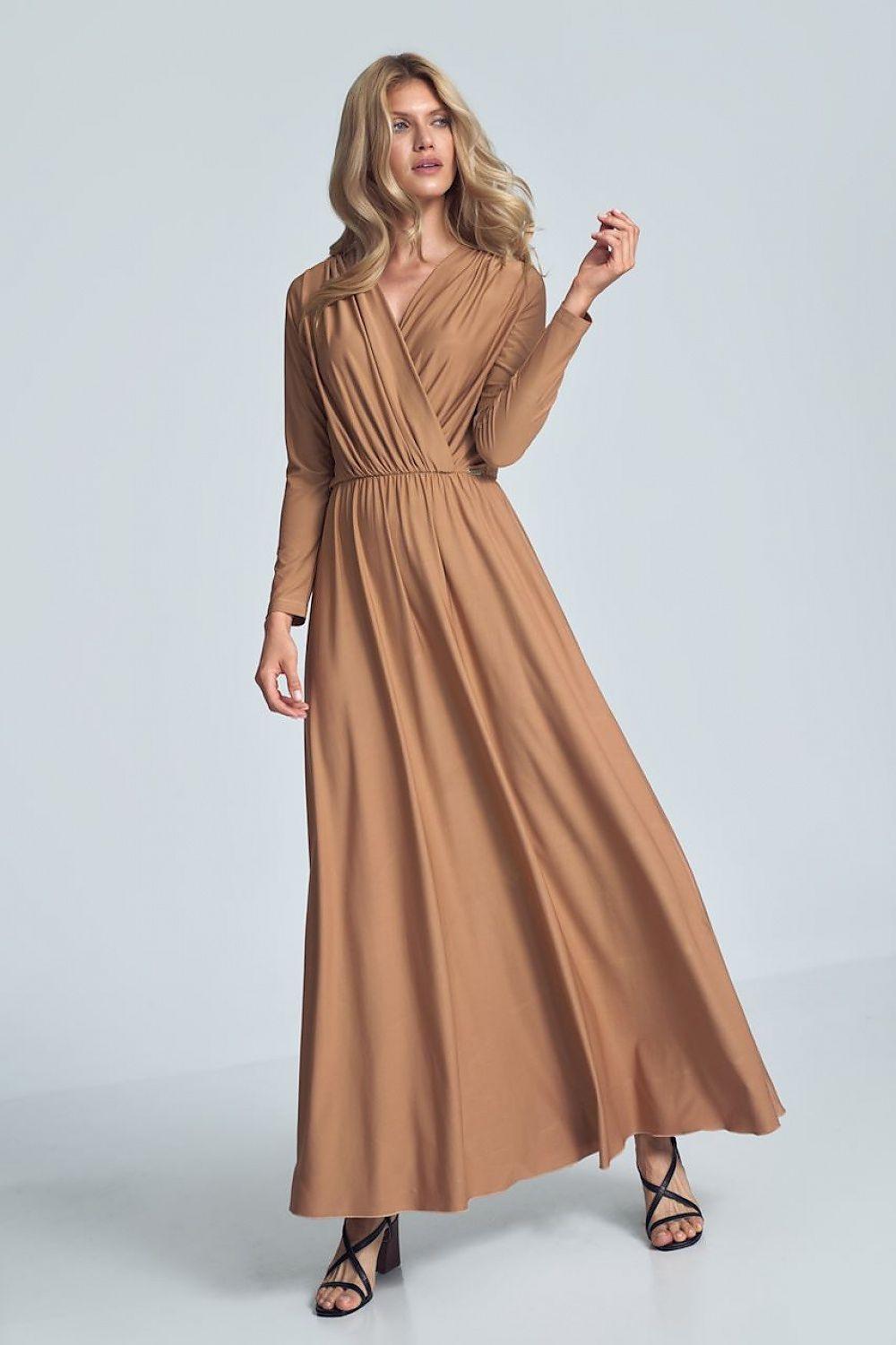 Figl beige daydress with V-neck, gathered waist and long sleeves, ankle-length skirt
