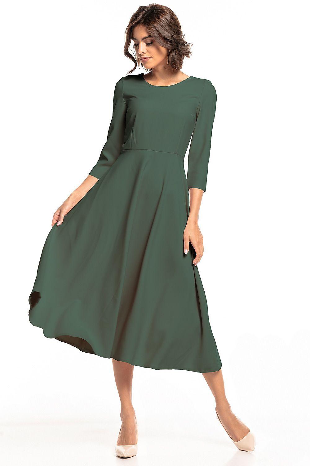 Green daydress with 3/4 sleeves, round neckline, and gathered A-line midi skirt