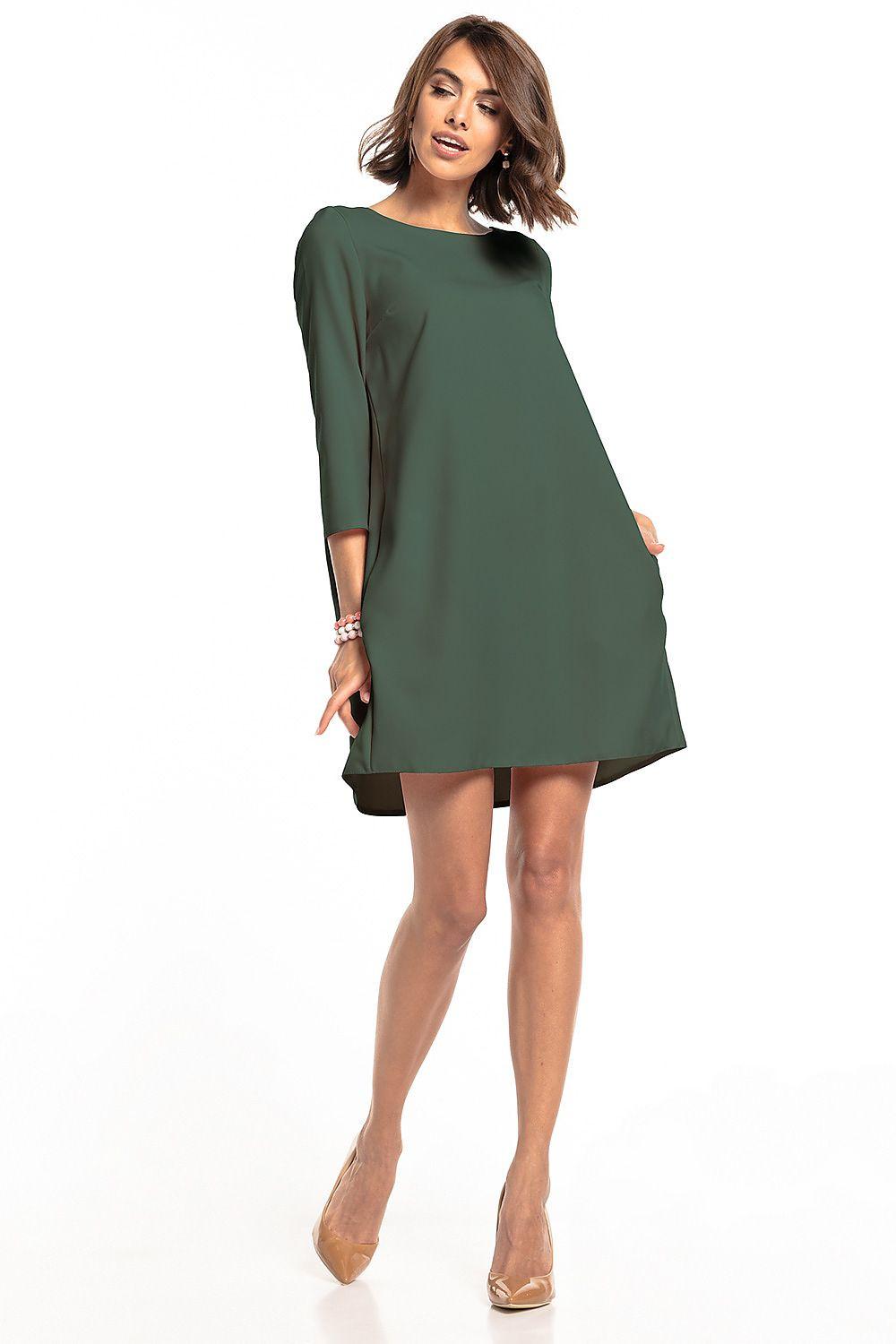 Dark green daydress with 3/4 sleeves, round neck, and gathered waist