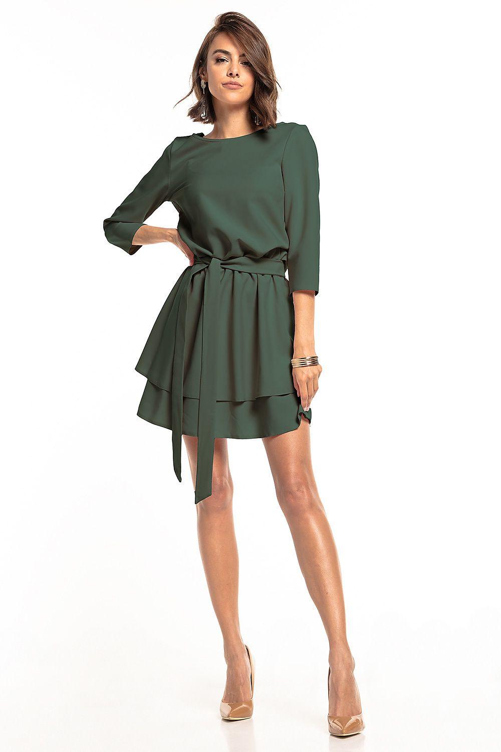 Green day dress with 3/4 sleeves, layered skirt, and tied waist belt at front