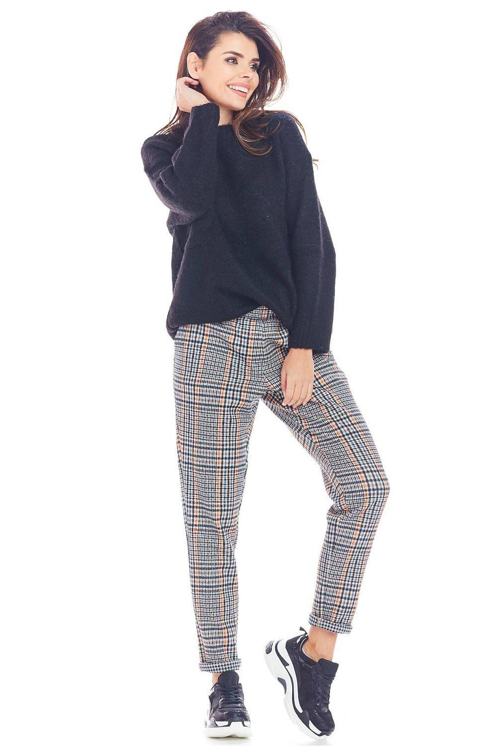 Women's plaid trousers, navy blue and white check, ankle-length skinny fit