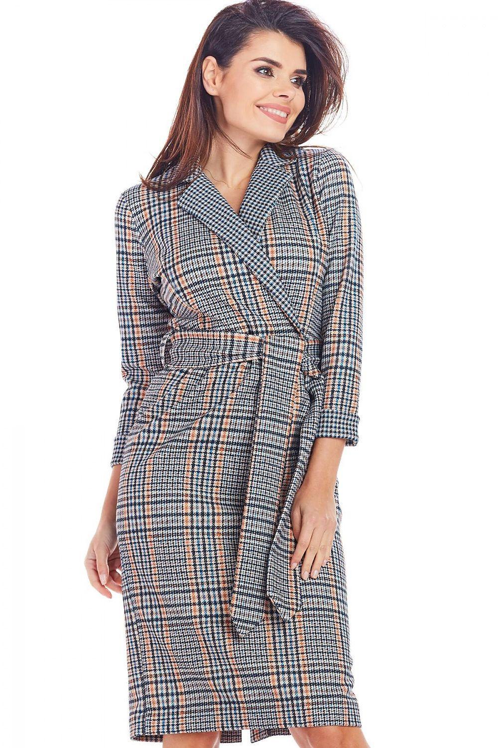 Awama day dress with plaid check, long sleeves, pointed collar, and waist belt