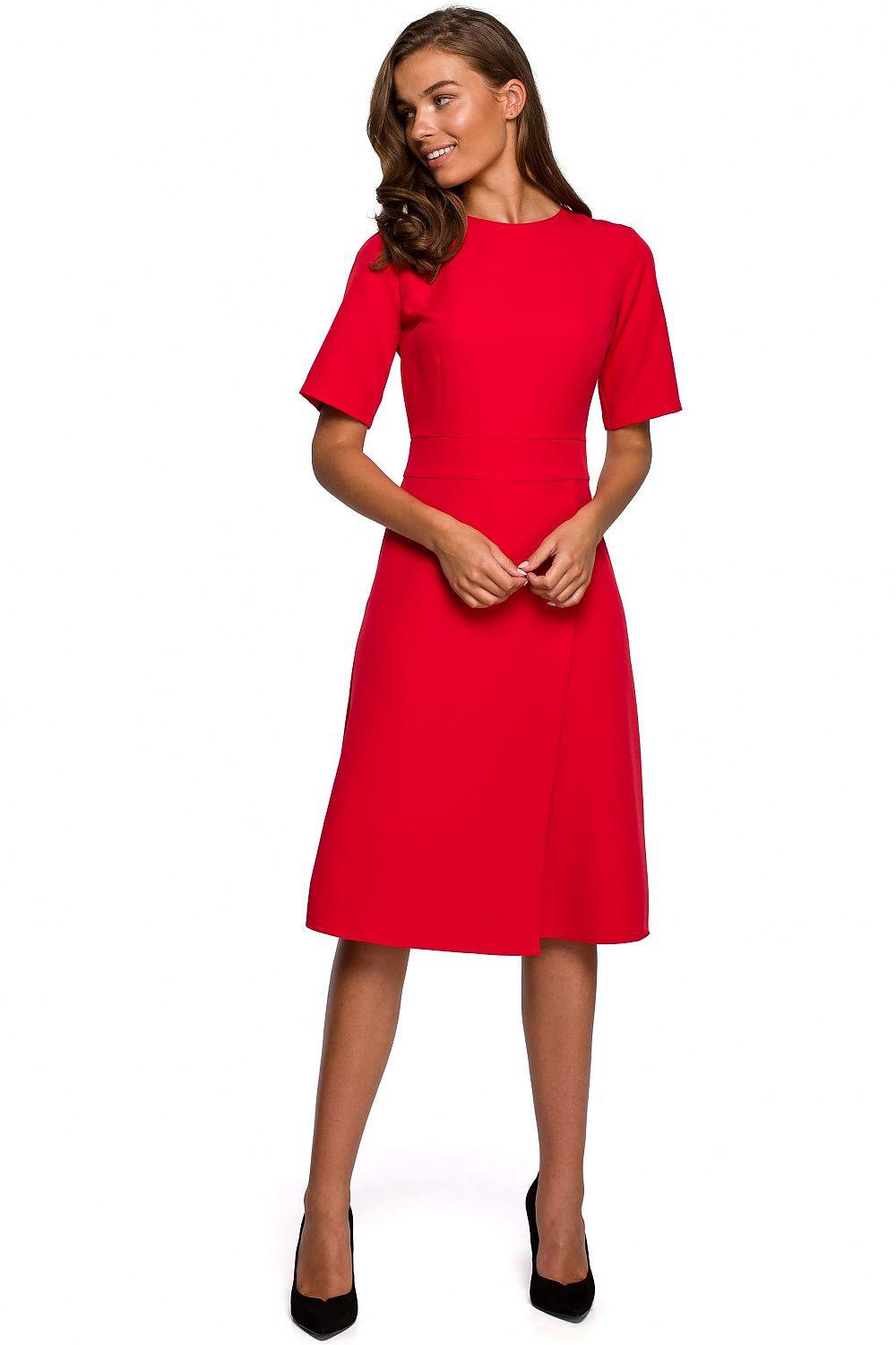 Stylove red daydress, short sleeves, round neck, knee-length A-line