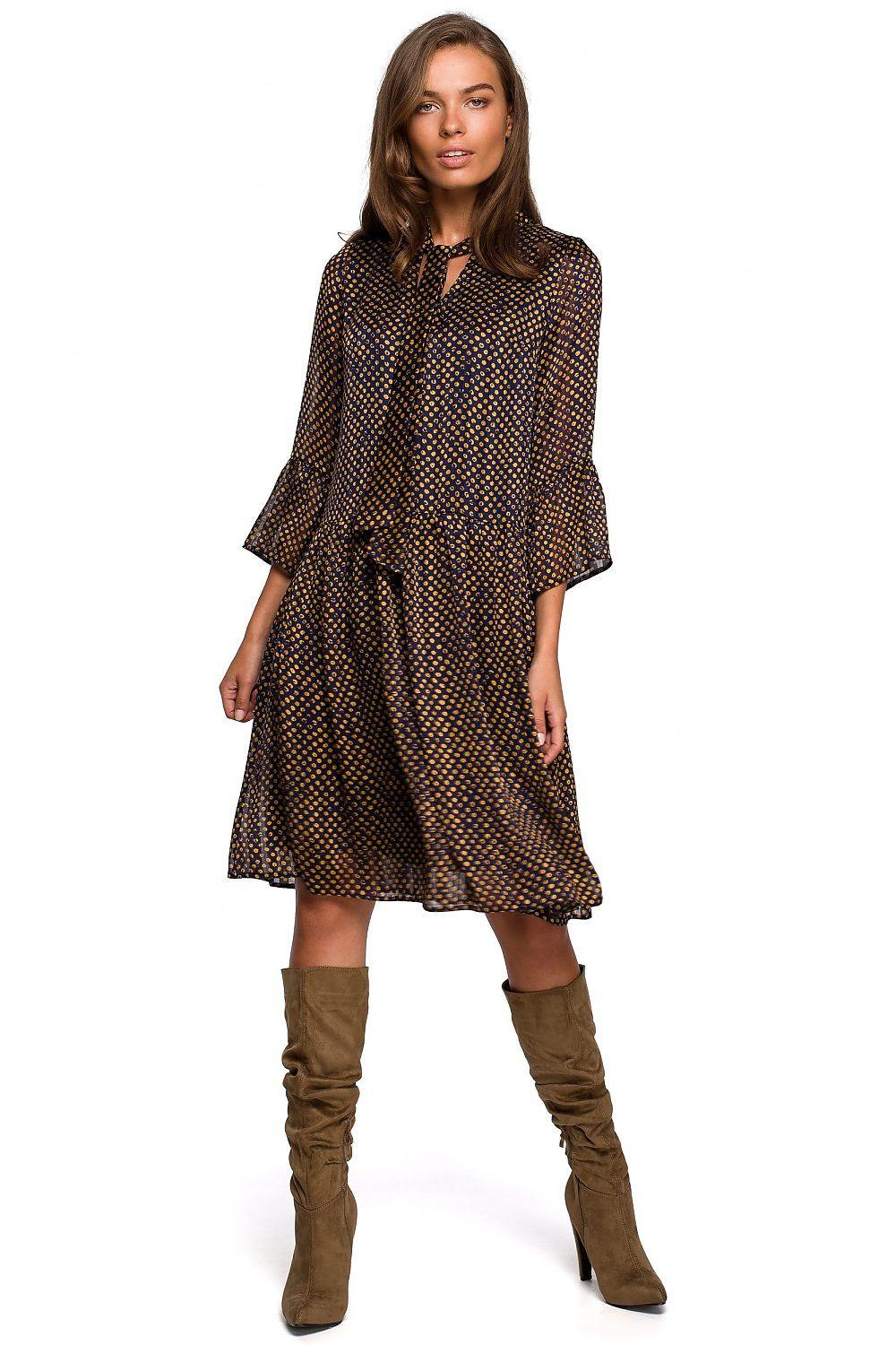 Brown patterned day dress with keyhole neck tie, flared sleeves, midi hem