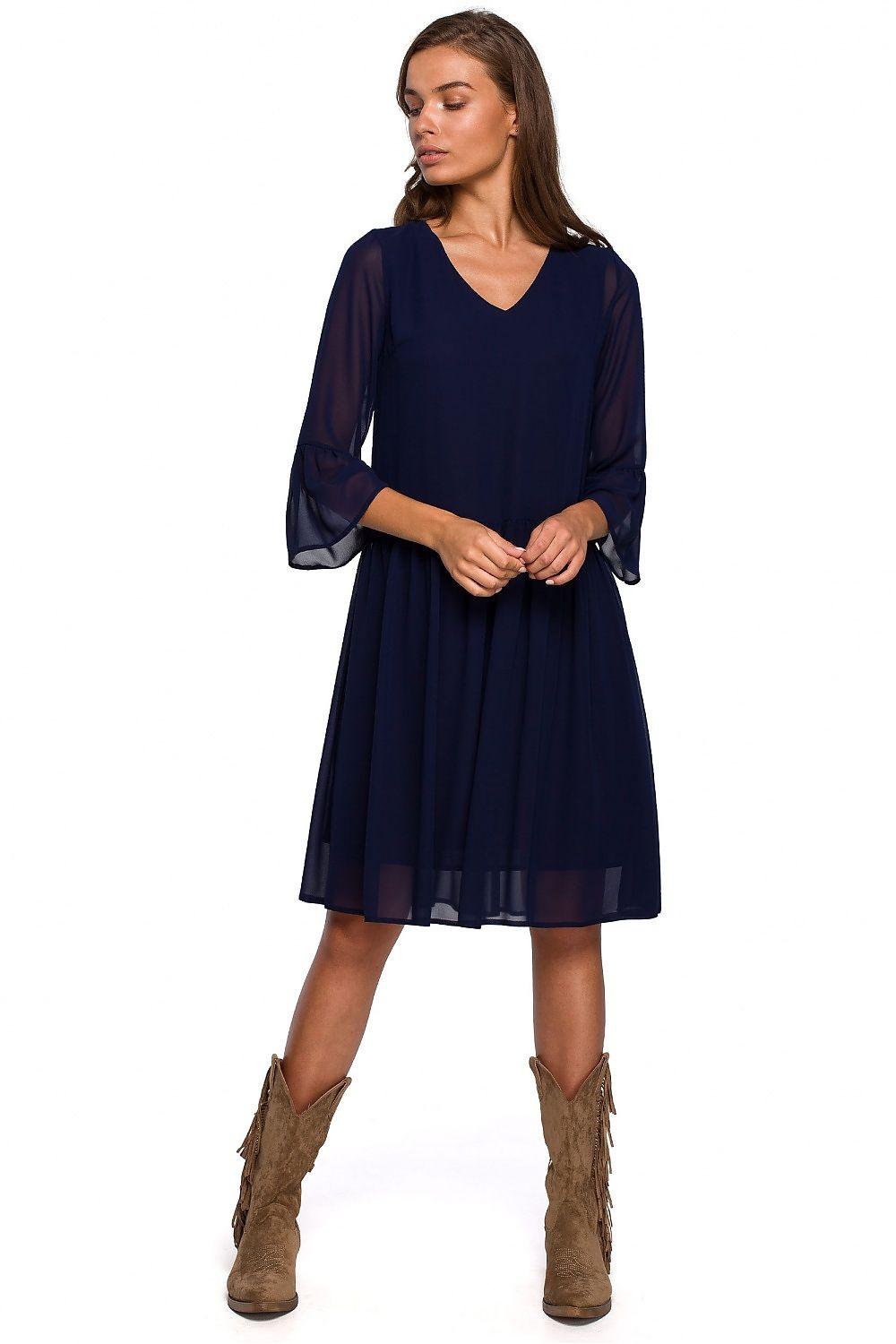 Navy cocktail dress with V-neck, sheer 3/4 sleeves, layered chiffon skirt