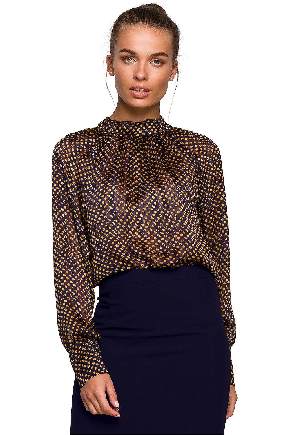 Chiffon blouse with irregular dot stripe print, high neckline, long sleeves.