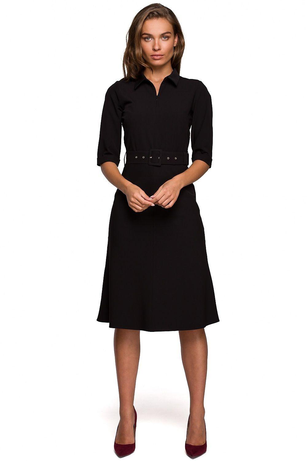 Black daydress with 3/4 sleeves, collared neckline, fitted waist belt detail