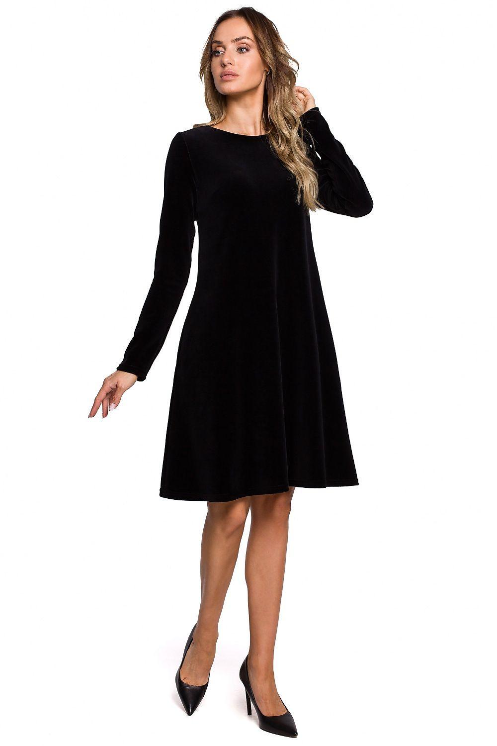 Black cocktail dress, long sleeves, round neckline, flared skirt.