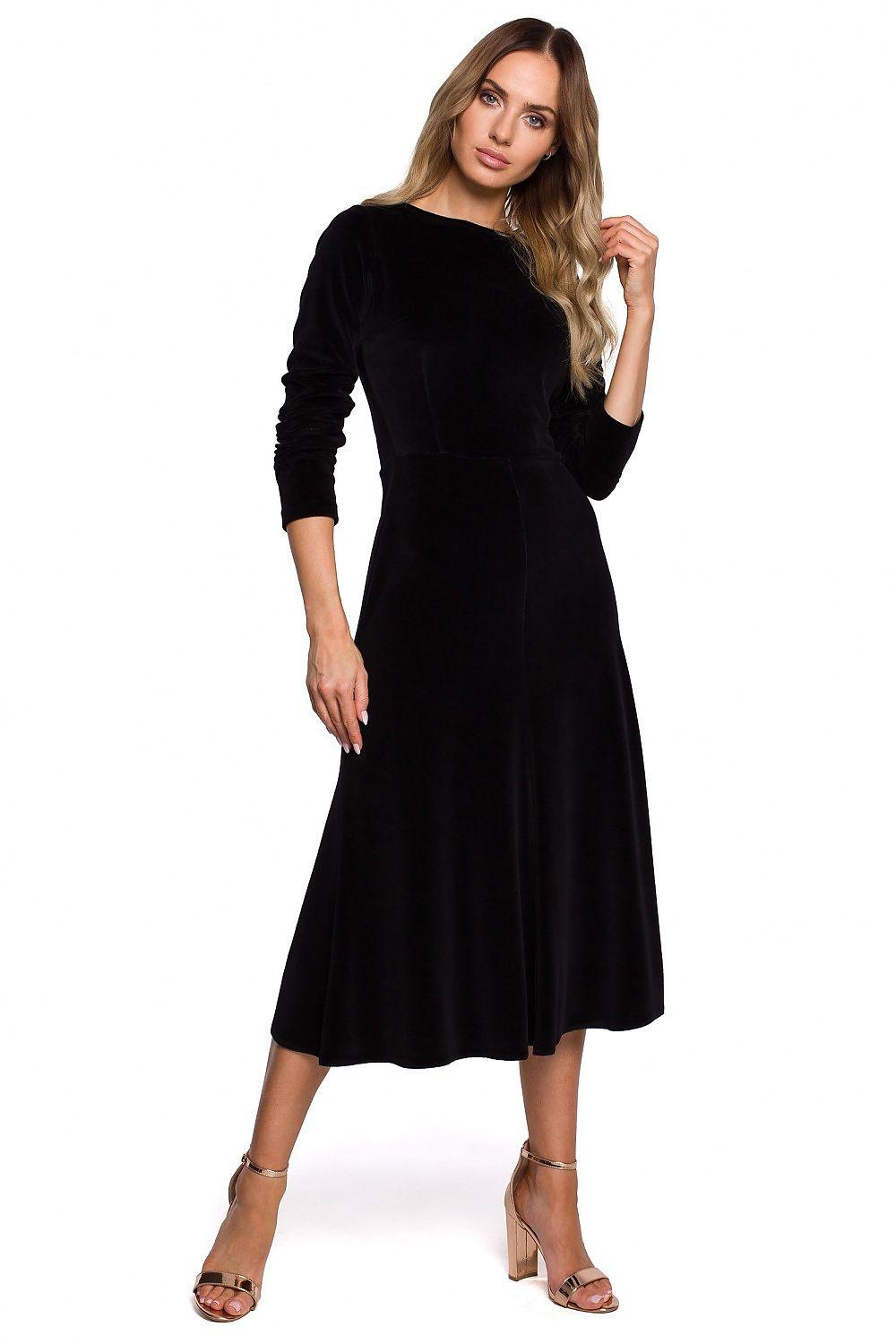 Black evening dress with long sleeves, fitted bodice, midi flared skirt
