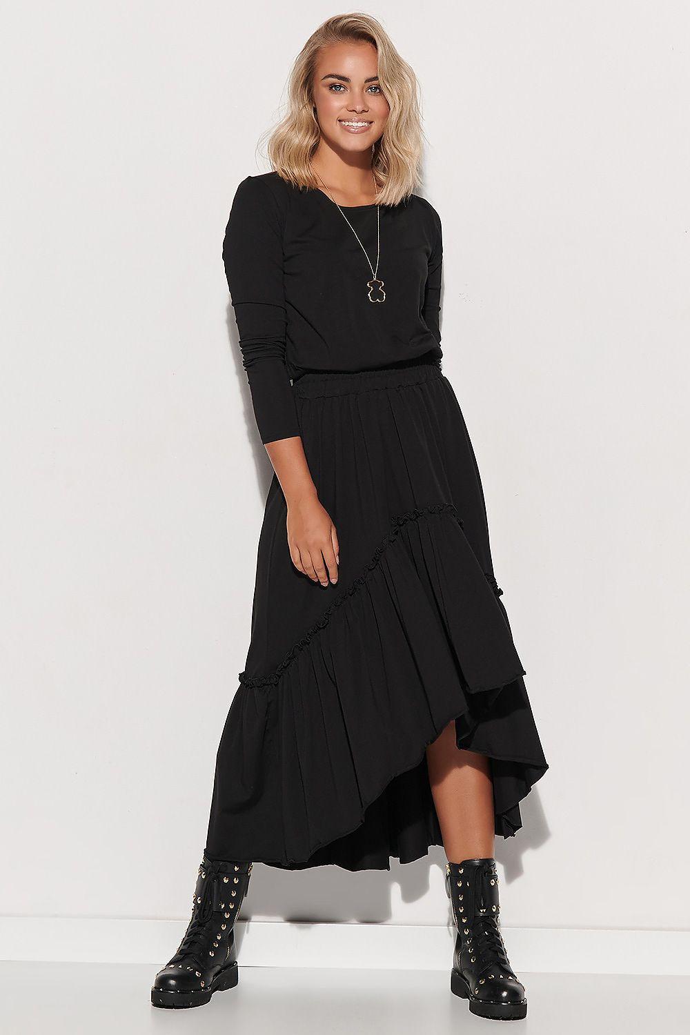 Black long-sleeve daydress with tiered ruffle skirt and gathered waist.