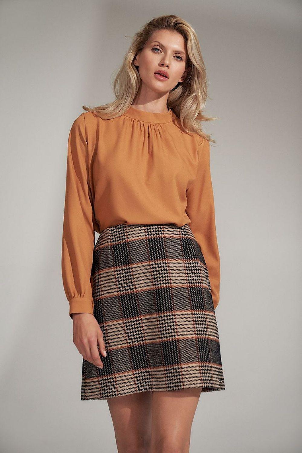 Warm brown collar blouse with gathered neckline and long sleeves