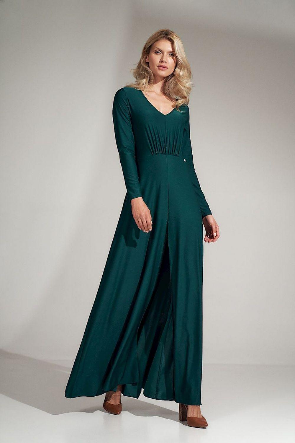 Green long-sleeve maxi daydress with V-neck and gathered waist, flowy pleated skirt