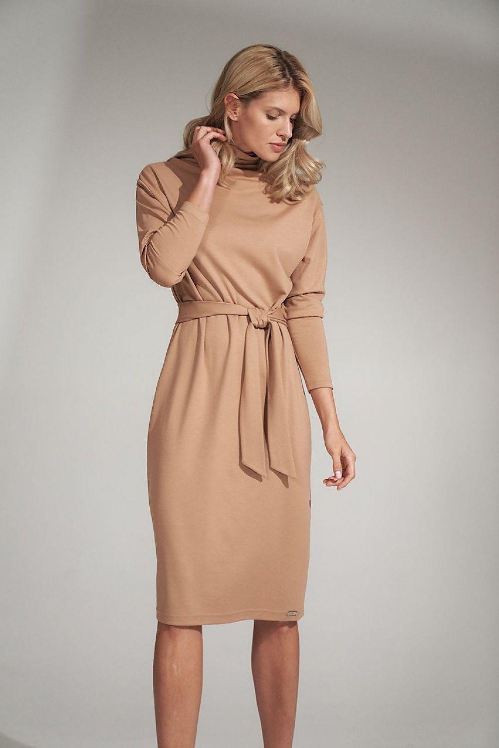 Beige day dress with long sleeves, tied waist belt, midi length, round neckline.
