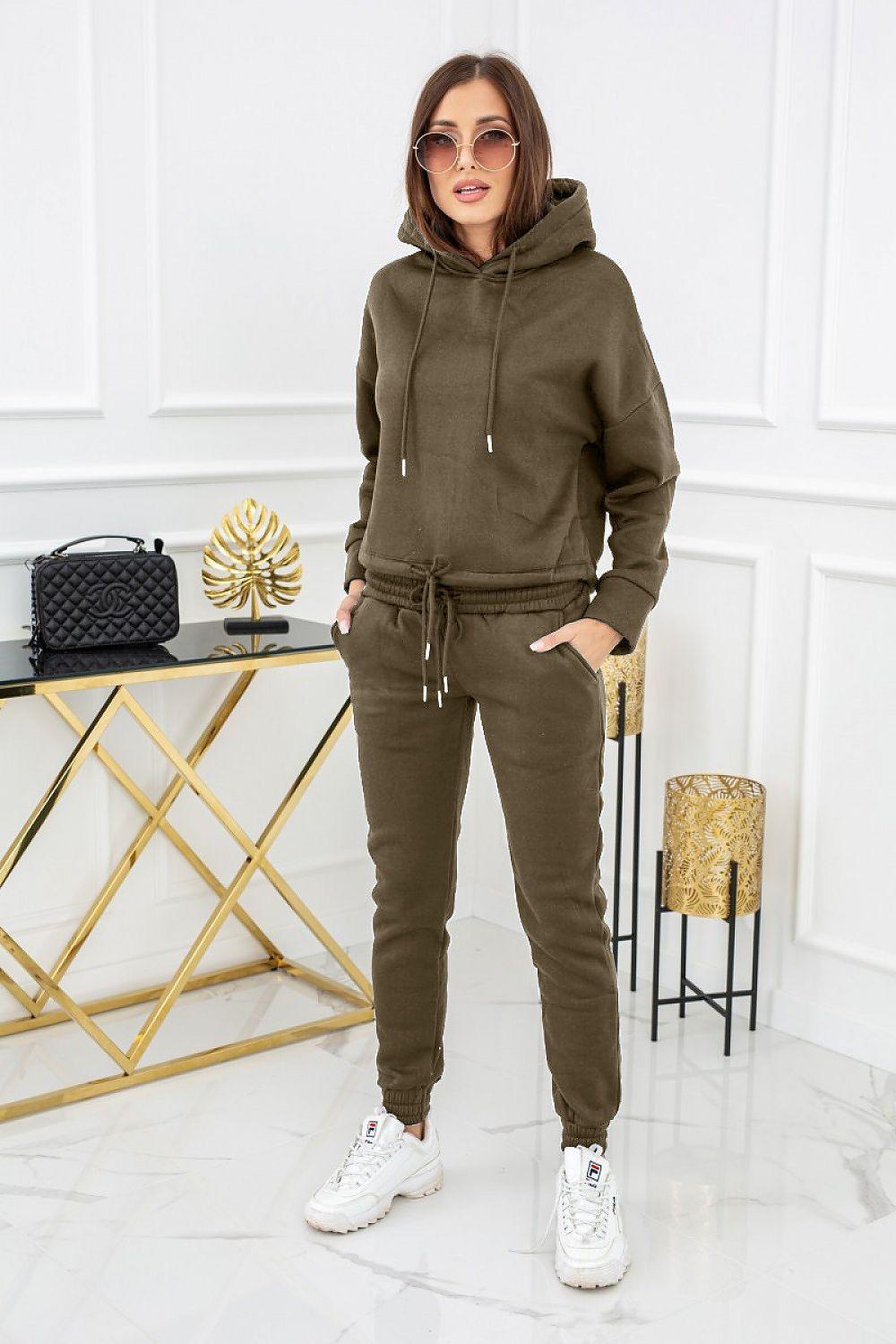 Green tracksuit set: olive hoodie with drawstring, matching joggers with pockets