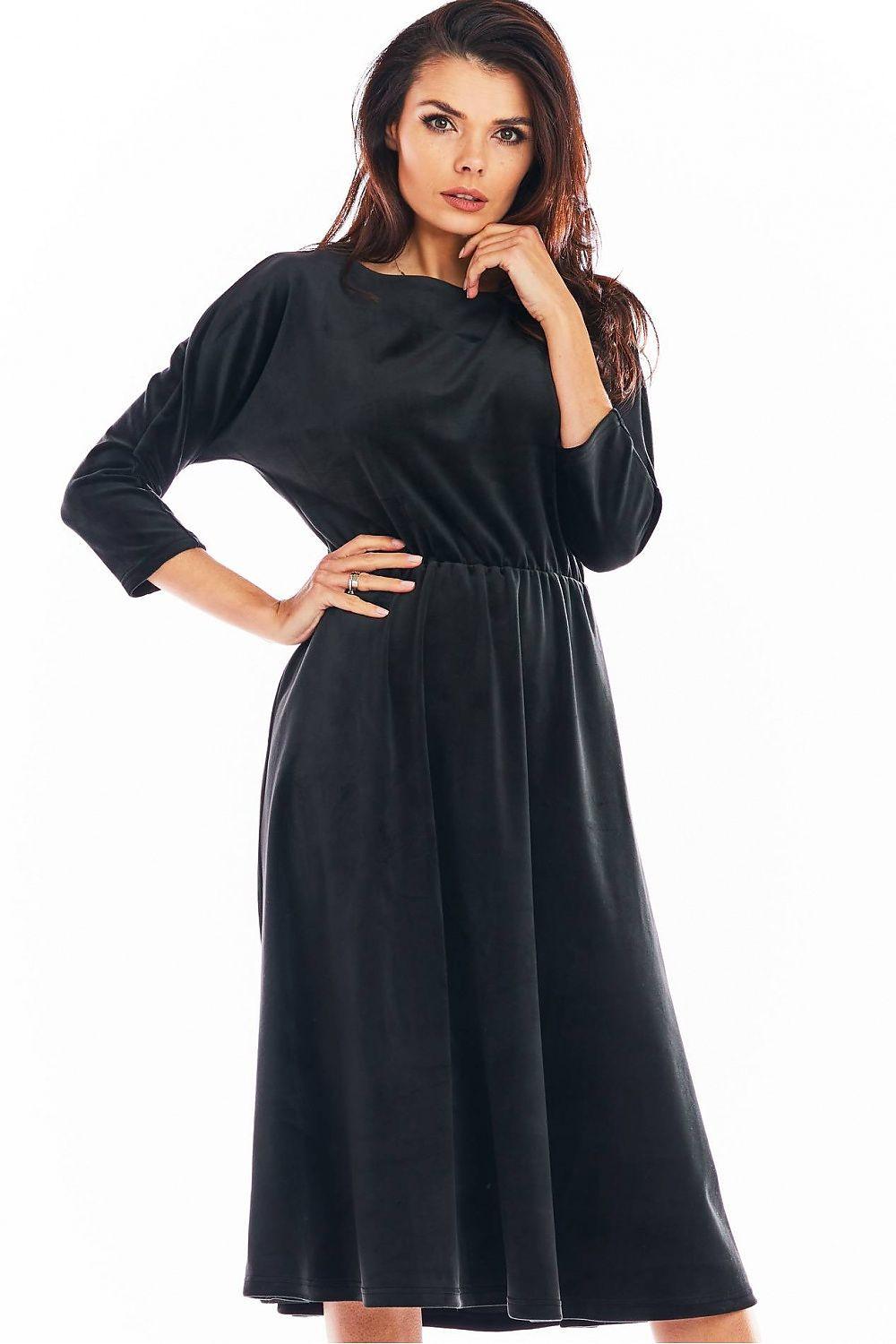 Black long-sleeve evening dress with gathered waist and midi skirt